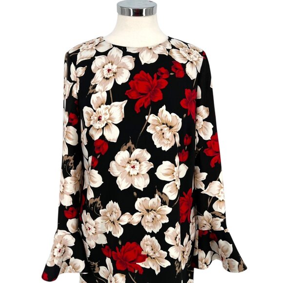 CeCe Floral Long Sleeve Shift Dress Bell Cuff Sleeve Black Red White Size 6 - Picture 2 of 11